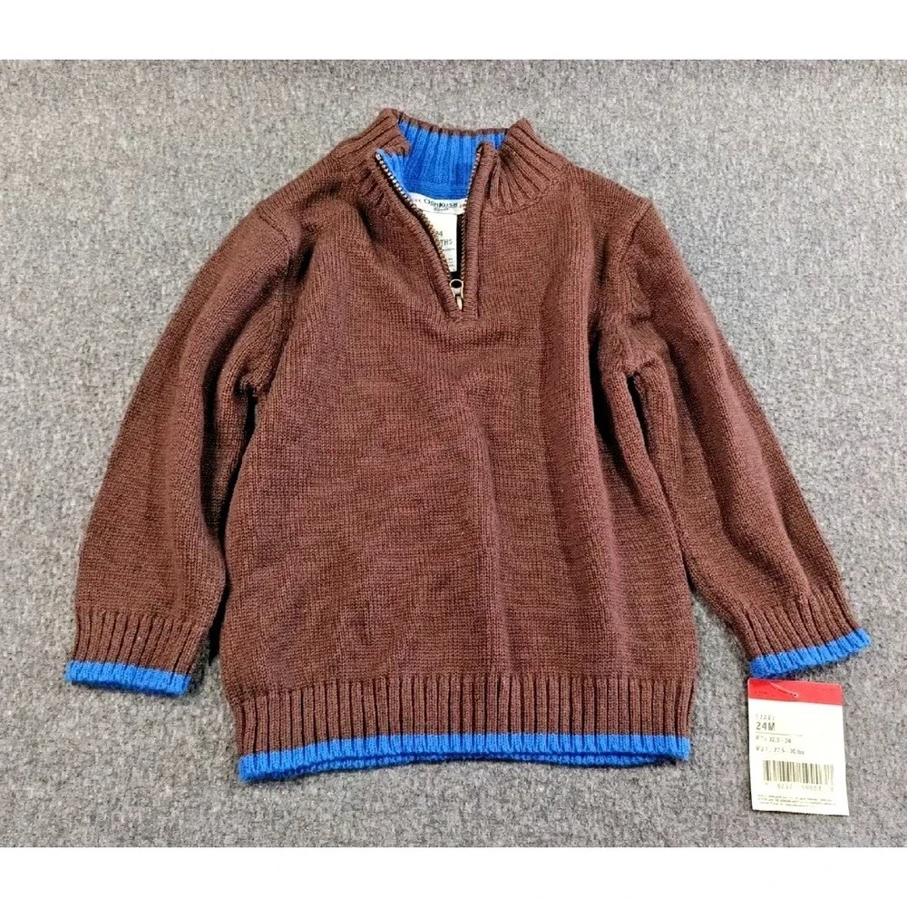 Oshkosh Bgosh Brown Pullover 1/4 Zip Sweater Blue Trim Boys 24M New With Tags